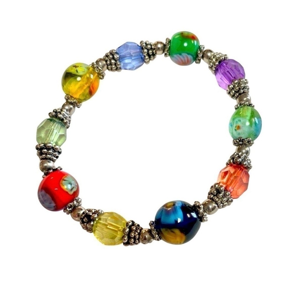 Beaded Glass Lamp Work Stretch Bracelet Boho Style Festive Multi Color Jewelry